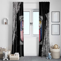 Black grunge window curtain panels with patriotic emblem print, covering a doorway window.