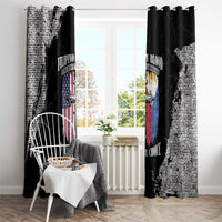 Black grunge window curtains with patriotic emblem artwork on both panels.