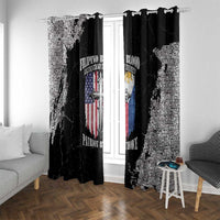 Black grunge window curtain panels with distressed patriotic emblem print over window.