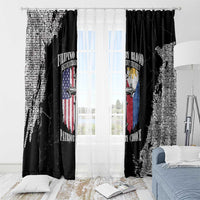 Black grunge window curtains with patriotic emblem and distressed text-style artwork.