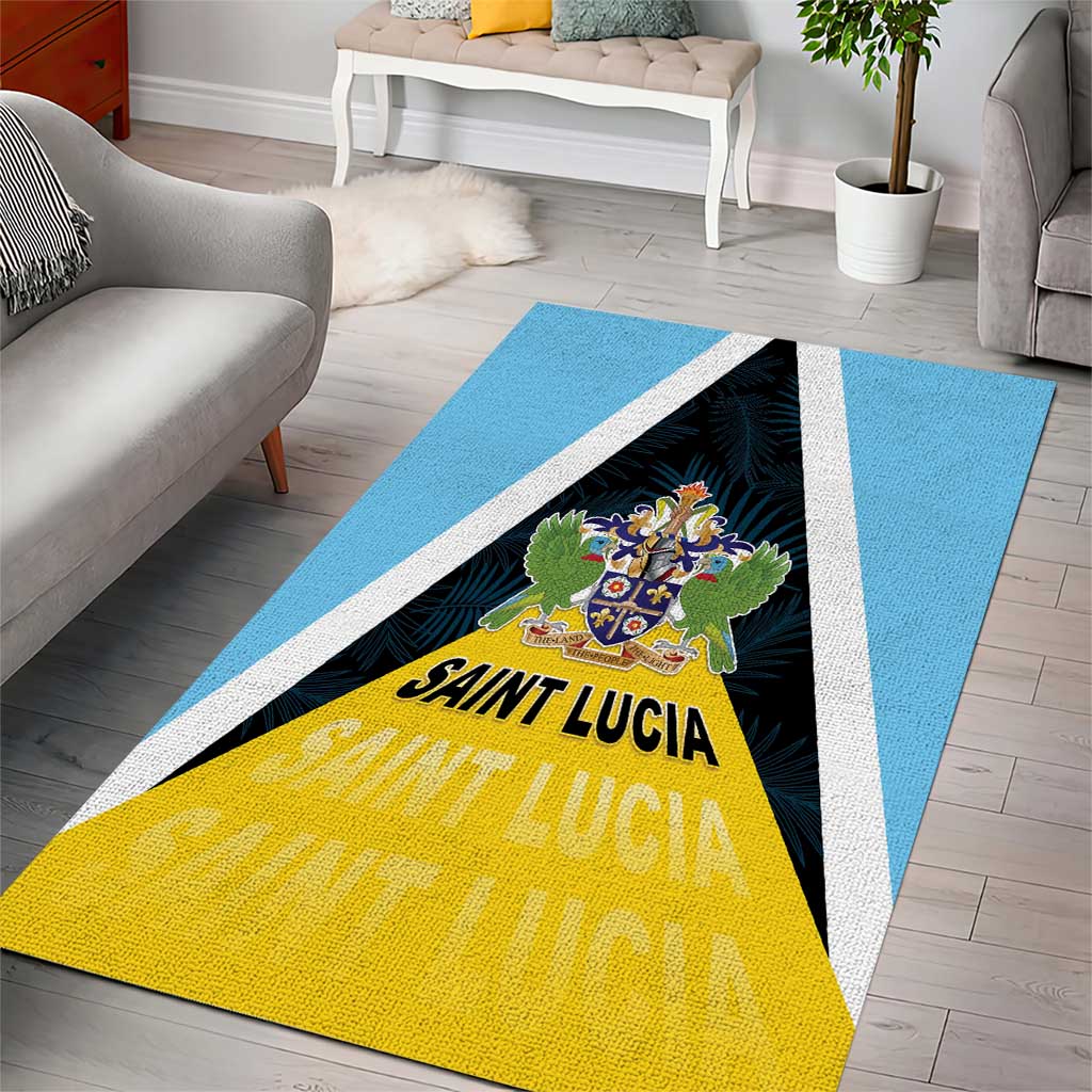 Saint Lucia flag-style area rug, blue border with yellow base and coat of arms center