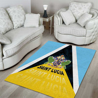 Saint Lucia coat of arms area rug under seating, blue border and yellow field