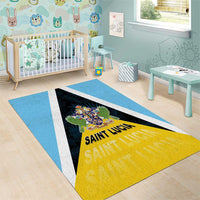 Saint Lucia coat of arms area rug in blue and yellow for nursery, palm-leaf center