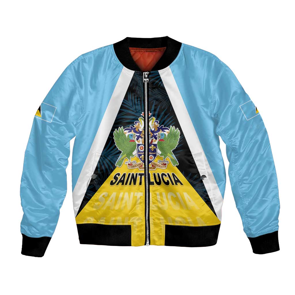 Personalised Saint Lucia Bomber Jacket Coat Of Arm With Palm Leaf Pattern