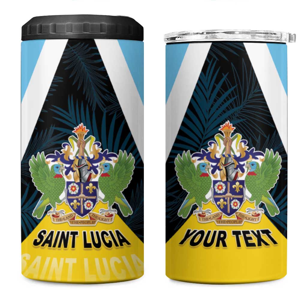 Personalised Saint Lucia 4 in 1 Can Cooler Tumbler Coat Of Arm With Palm Leaf Pattern