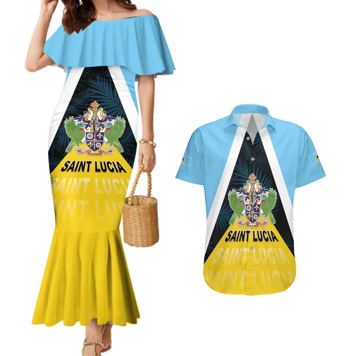 Personalised Saint Lucia Couples Matching Mermaid Dress and Hawaiian Shirt Coat Of Arm With Palm Leaf Pattern