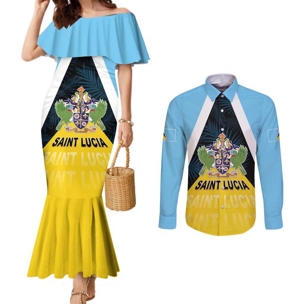 Personalised Saint Lucia Couples Matching Mermaid Dress and Long Sleeve Button Shirt Coat Of Arm With Palm Leaf Pattern