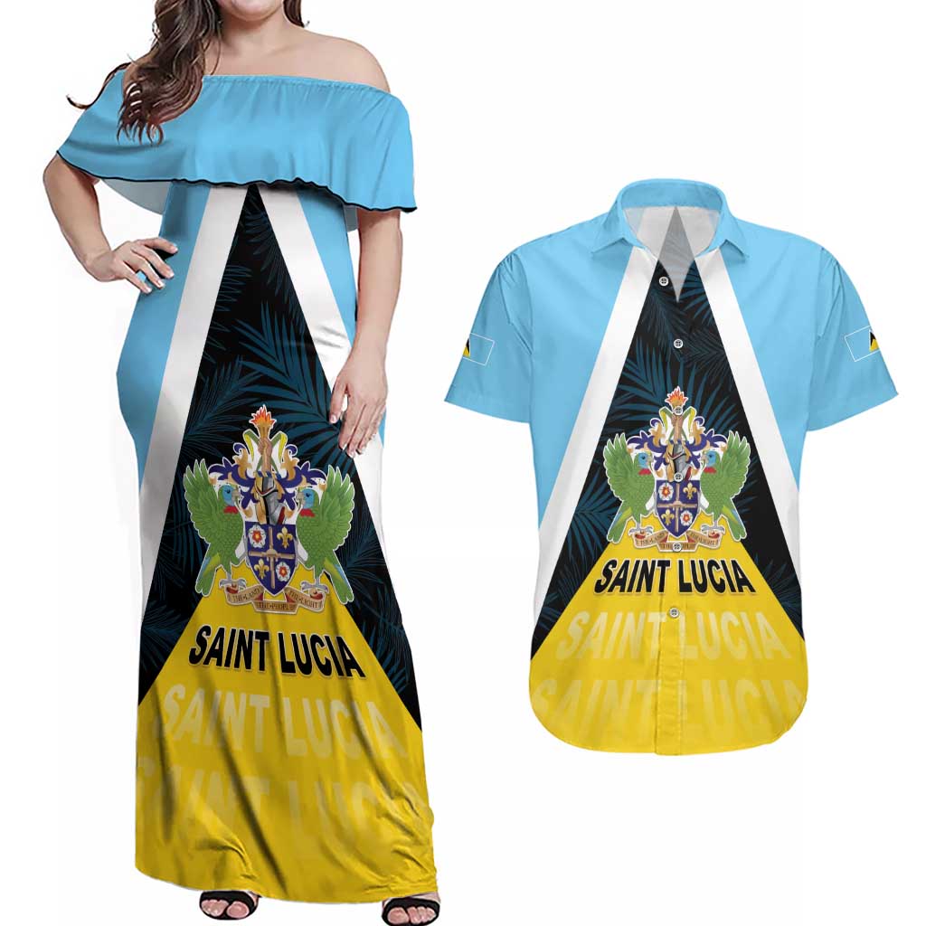 Personalised Saint Lucia Couples Matching Off Shoulder Maxi Dress and Hawaiian Shirt Coat Of Arm With Palm Leaf Pattern