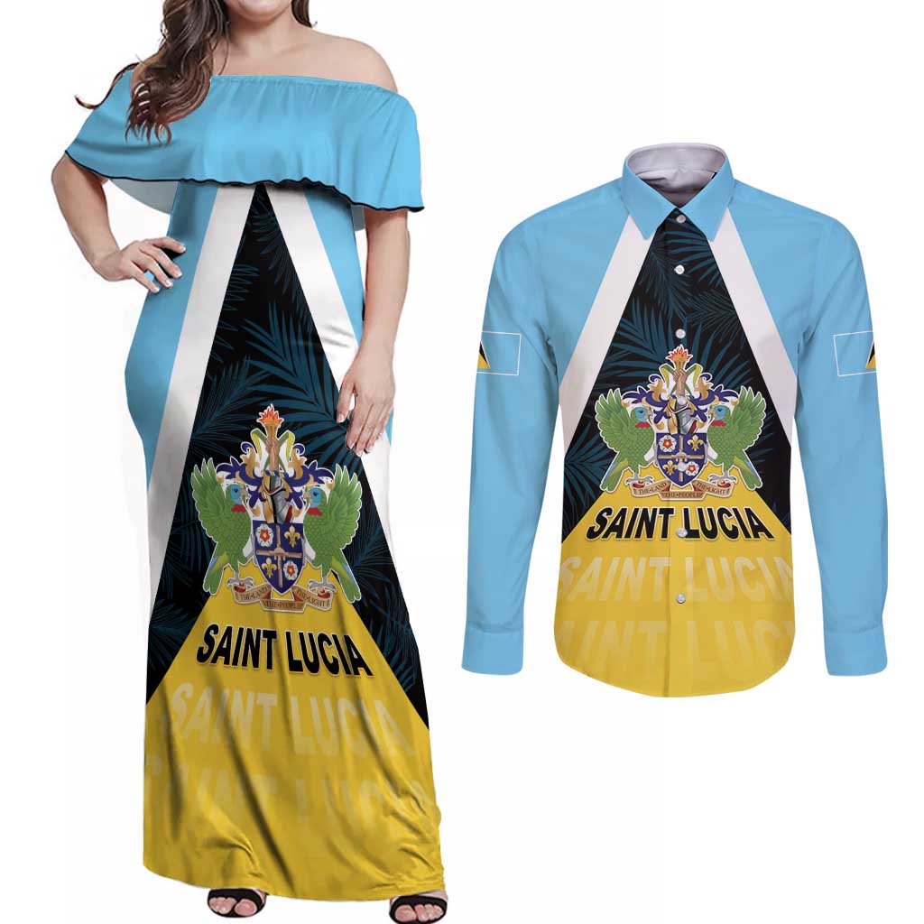 Personalised Saint Lucia Couples Matching Off Shoulder Maxi Dress and Long Sleeve Button Shirt Coat Of Arm With Palm Leaf Pattern