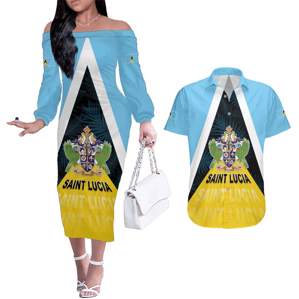 Personalised Saint Lucia Couples Matching Off The Shoulder Long Sleeve Dress and Hawaiian Shirt Coat Of Arm With Palm Leaf Pattern