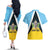 Personalised Saint Lucia Couples Matching Off The Shoulder Long Sleeve Dress and Hawaiian Shirt Coat Of Arm With Palm Leaf Pattern