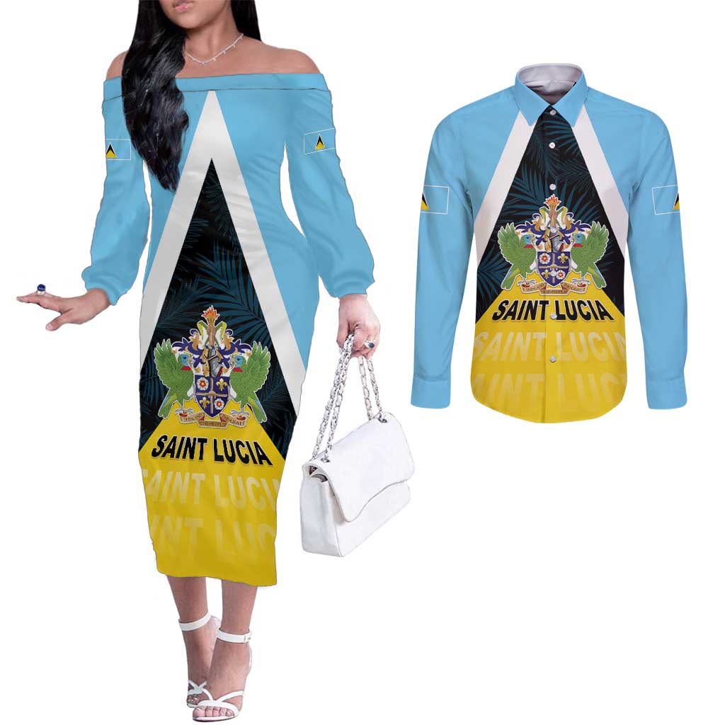 Personalised Saint Lucia Couples Matching Off The Shoulder Long Sleeve Dress and Long Sleeve Button Shirt Coat Of Arm With Palm Leaf Pattern