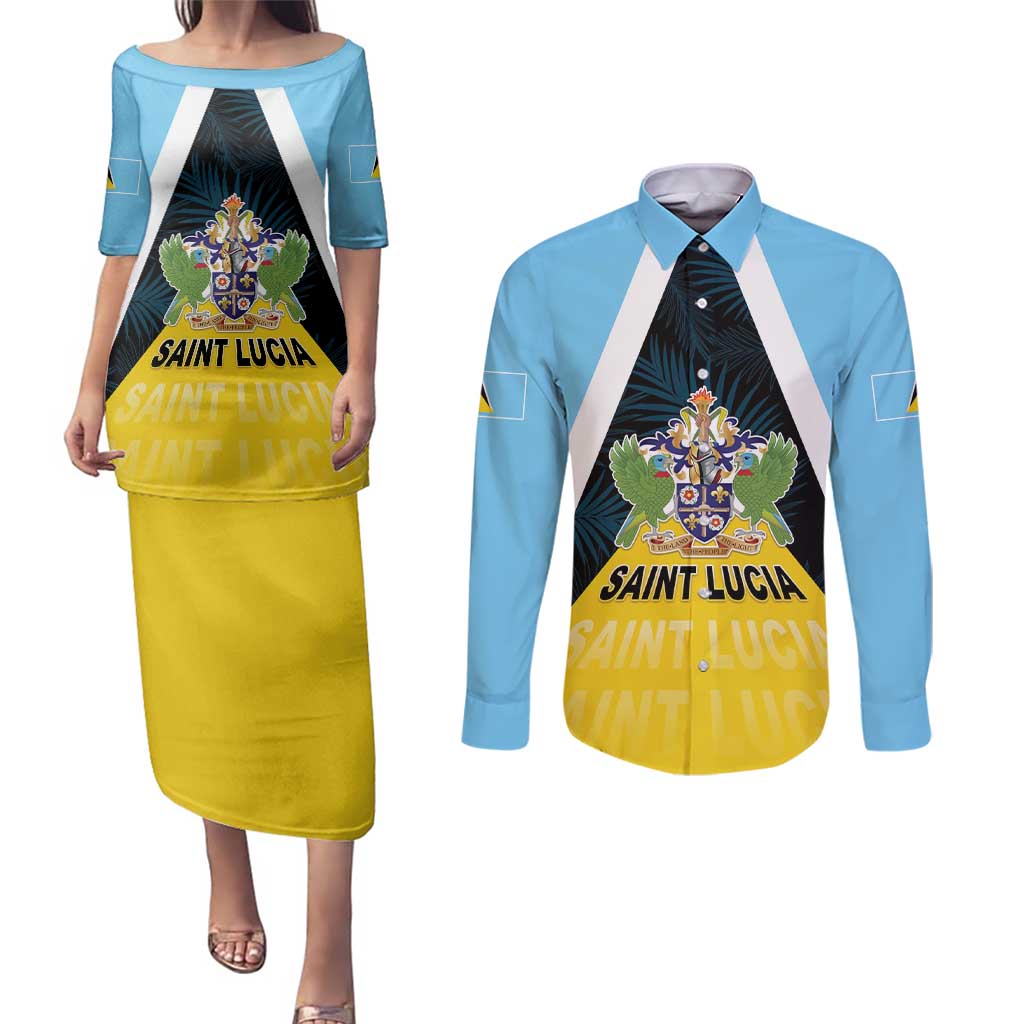 Personalised Saint Lucia Couples Matching Puletasi and Long Sleeve Button Shirt Coat Of Arm With Palm Leaf Pattern