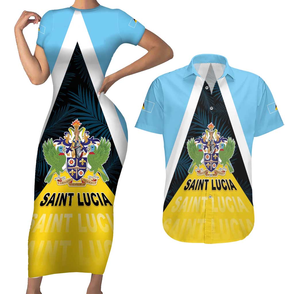 Personalised Saint Lucia Couples Matching Short Sleeve Bodycon Dress and Hawaiian Shirt Coat Of Arm With Palm Leaf Pattern