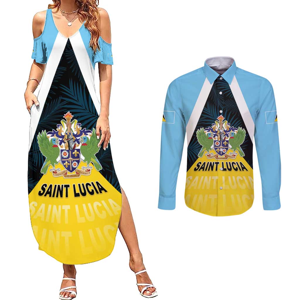 Personalised Saint Lucia Couples Matching Summer Maxi Dress and Long Sleeve Button Shirt Coat Of Arm With Palm Leaf Pattern