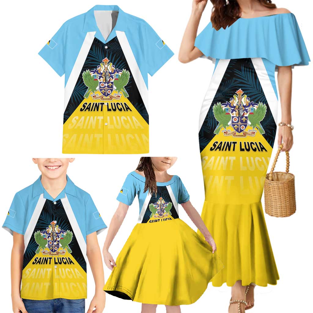 Personalised Saint Lucia Family Matching Mermaid Dress and Hawaiian Shirt Coat Of Arm With Palm Leaf Pattern