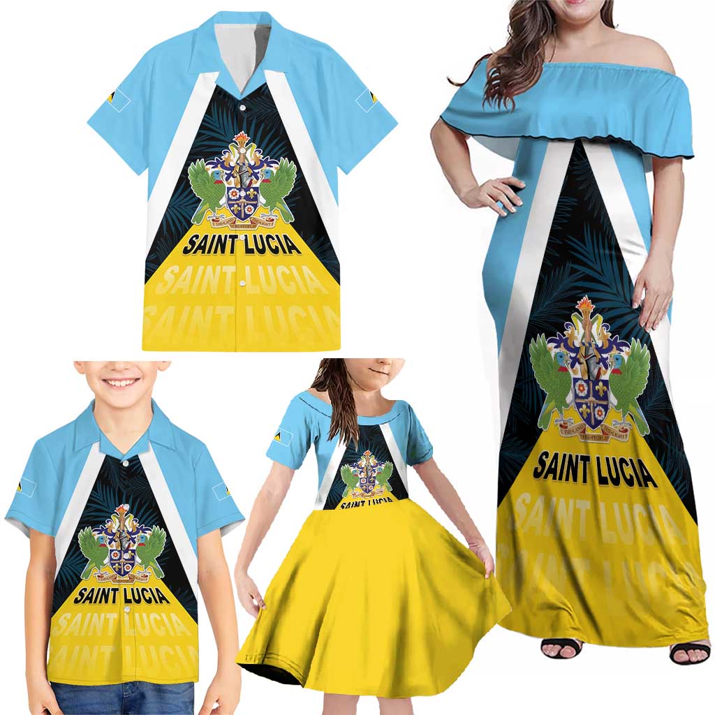 Personalised Saint Lucia Family Matching Off Shoulder Maxi Dress and Hawaiian Shirt Coat Of Arm With Palm Leaf Pattern