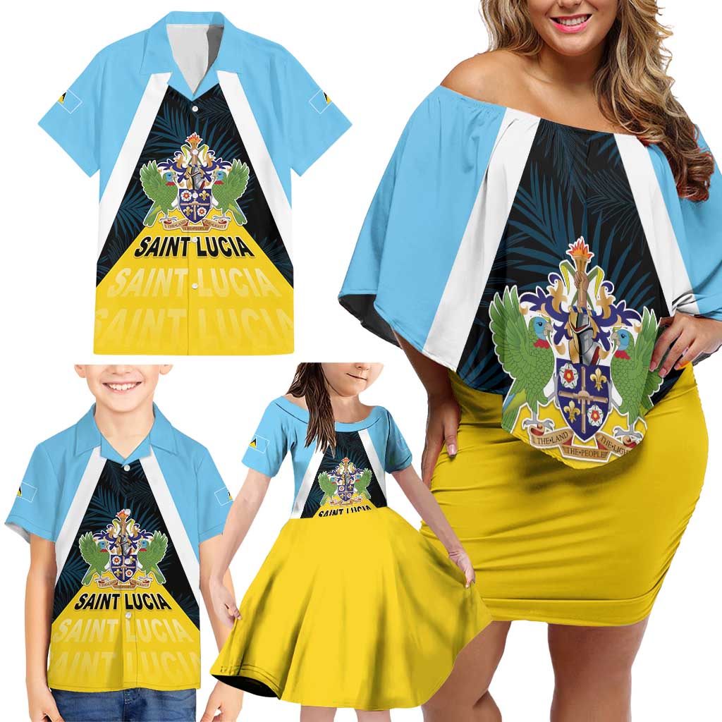 Personalised Saint Lucia Family Matching Off Shoulder Short Dress and Hawaiian Shirt Coat Of Arm With Palm Leaf Pattern