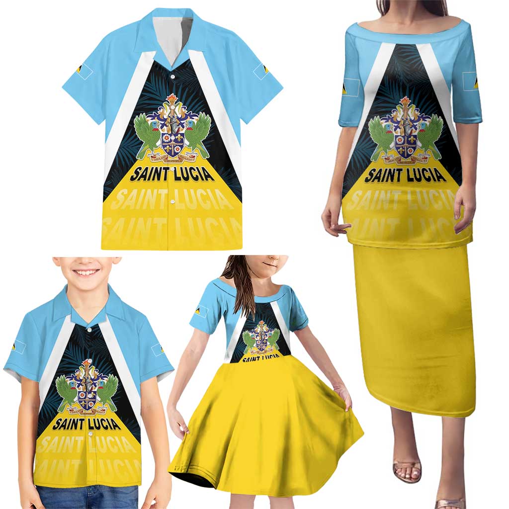 Personalised Saint Lucia Family Matching Puletasi and Hawaiian Shirt Coat Of Arm With Palm Leaf Pattern