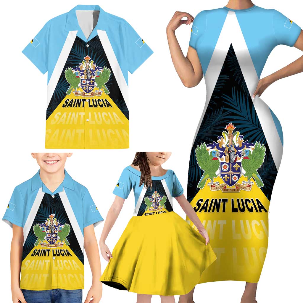 Personalised Saint Lucia Family Matching Short Sleeve Bodycon Dress and Hawaiian Shirt Coat Of Arm With Palm Leaf Pattern