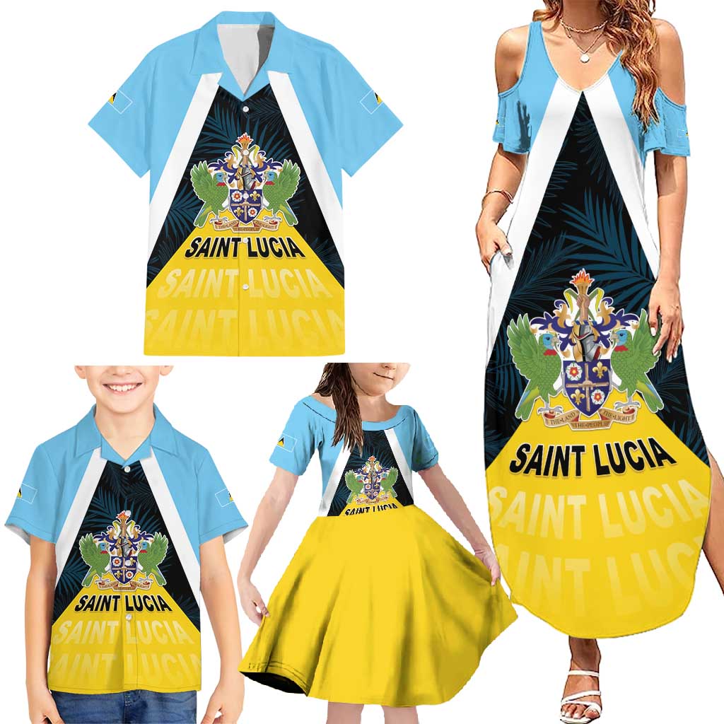 Personalised Saint Lucia Family Matching Summer Maxi Dress and Hawaiian Shirt Coat Of Arm With Palm Leaf Pattern