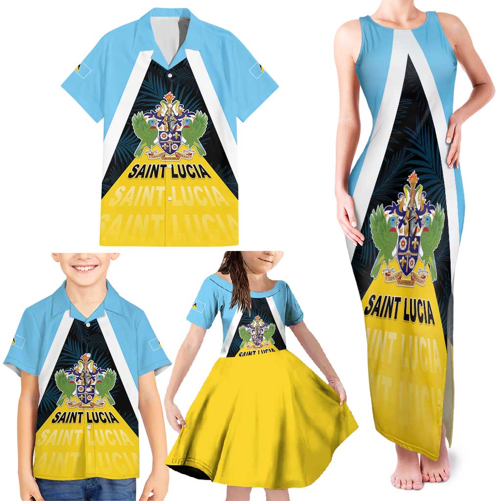 Personalised Saint Lucia Family Matching Tank Maxi Dress and Hawaiian Shirt Coat Of Arm With Palm Leaf Pattern