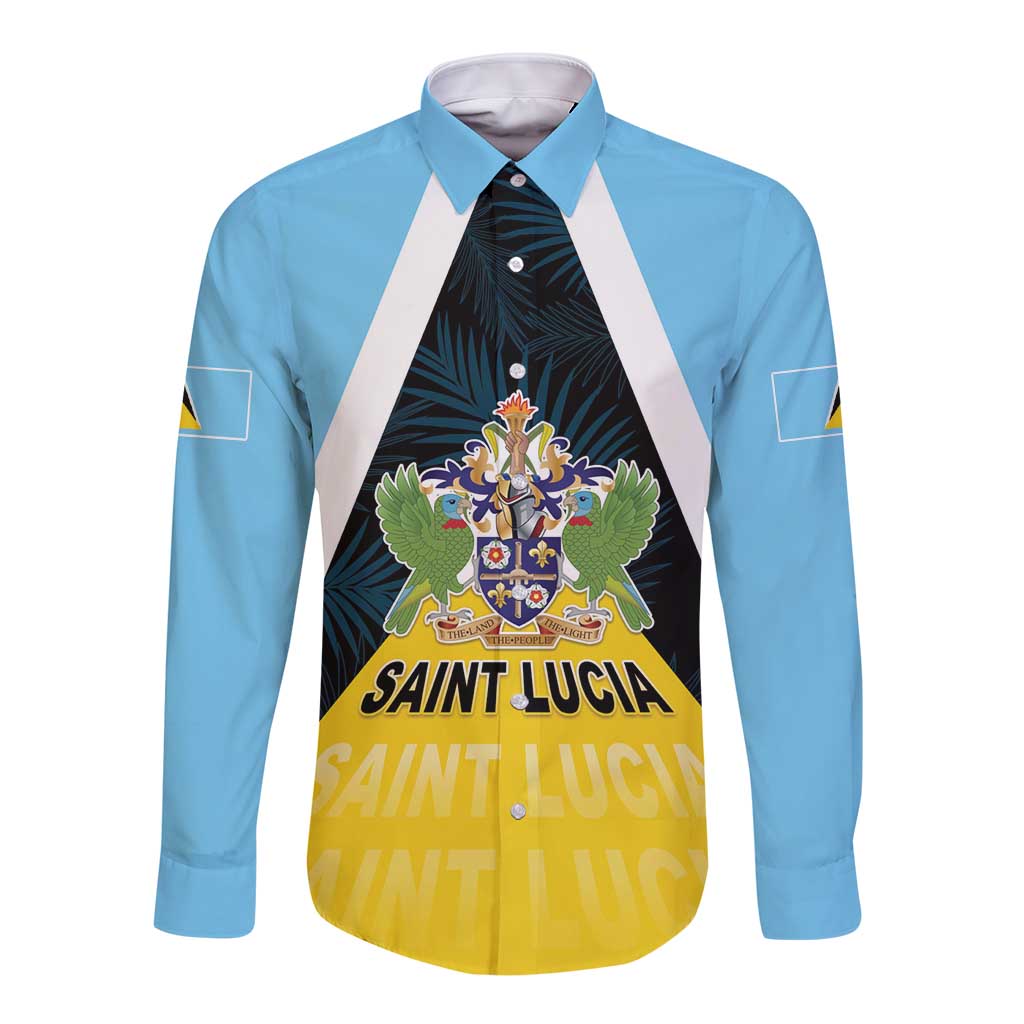 Personalised Saint Lucia Long Sleeve Button Shirt Coat Of Arm With Palm Leaf Pattern