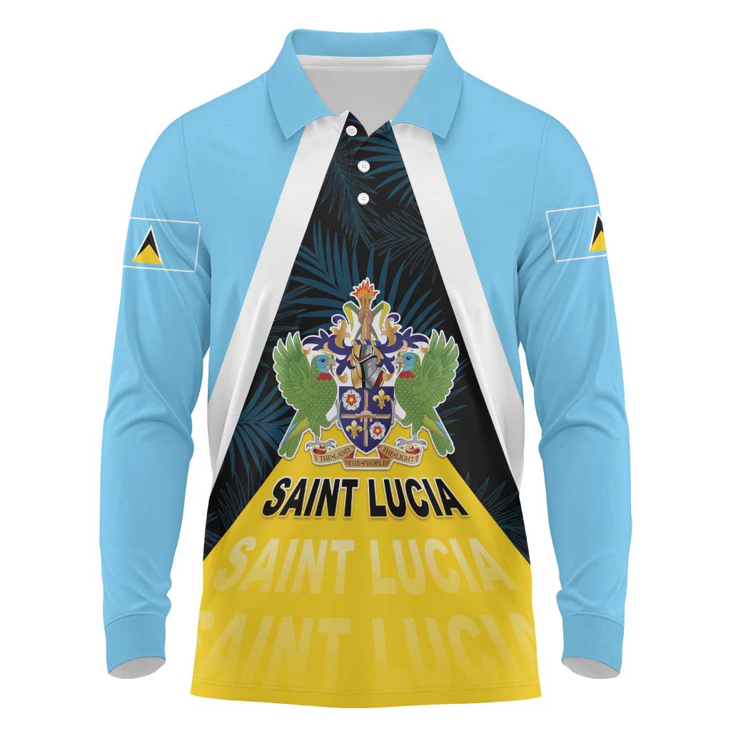 Personalised Saint Lucia Long Sleeve Polo Shirt Coat Of Arm With Palm Leaf Pattern