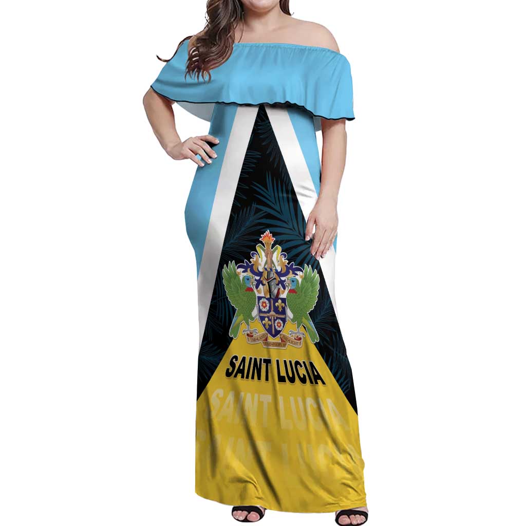 Personalised Saint Lucia Off Shoulder Maxi Dress Coat Of Arm With Palm Leaf Pattern