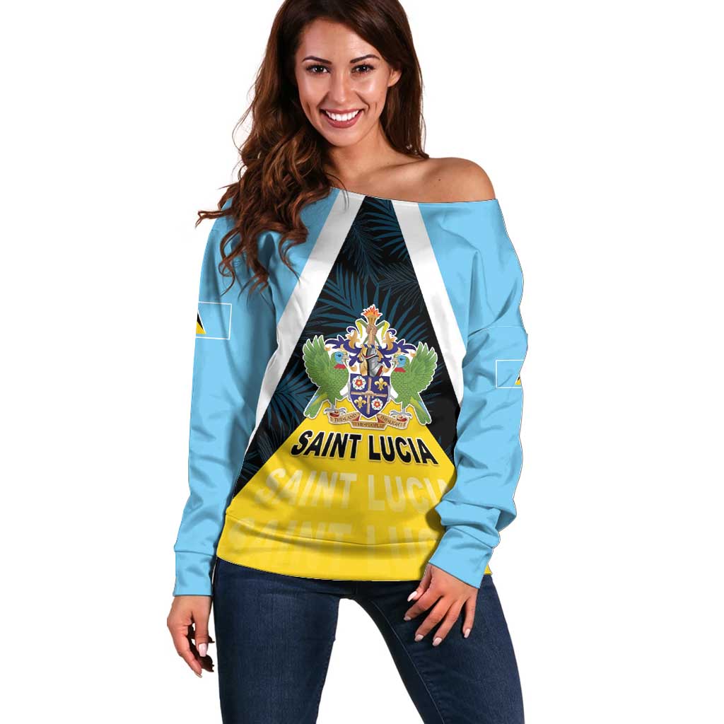 Personalised Saint Lucia Off Shoulder Sweater Coat Of Arm With Palm Leaf Pattern