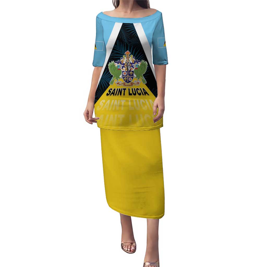 Personalised Saint Lucia Puletasi Coat Of Arm With Palm Leaf Pattern