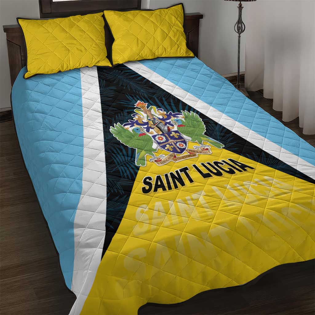 Saint Lucia Quilt Bed Set Coat Of Arm With Palm Leaf Pattern