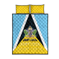 Reversible-style quilt bed set with blue, yellow, and white stripes plus Saint Lucia crest