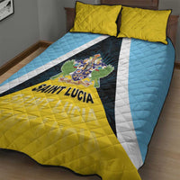 Blue quilt bed set with white stripe, black diagonal panel, yellow section, Saint Lucia crest