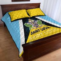 Blue quilt with white stripe and yellow section, black panel featuring Saint Lucia crest and text