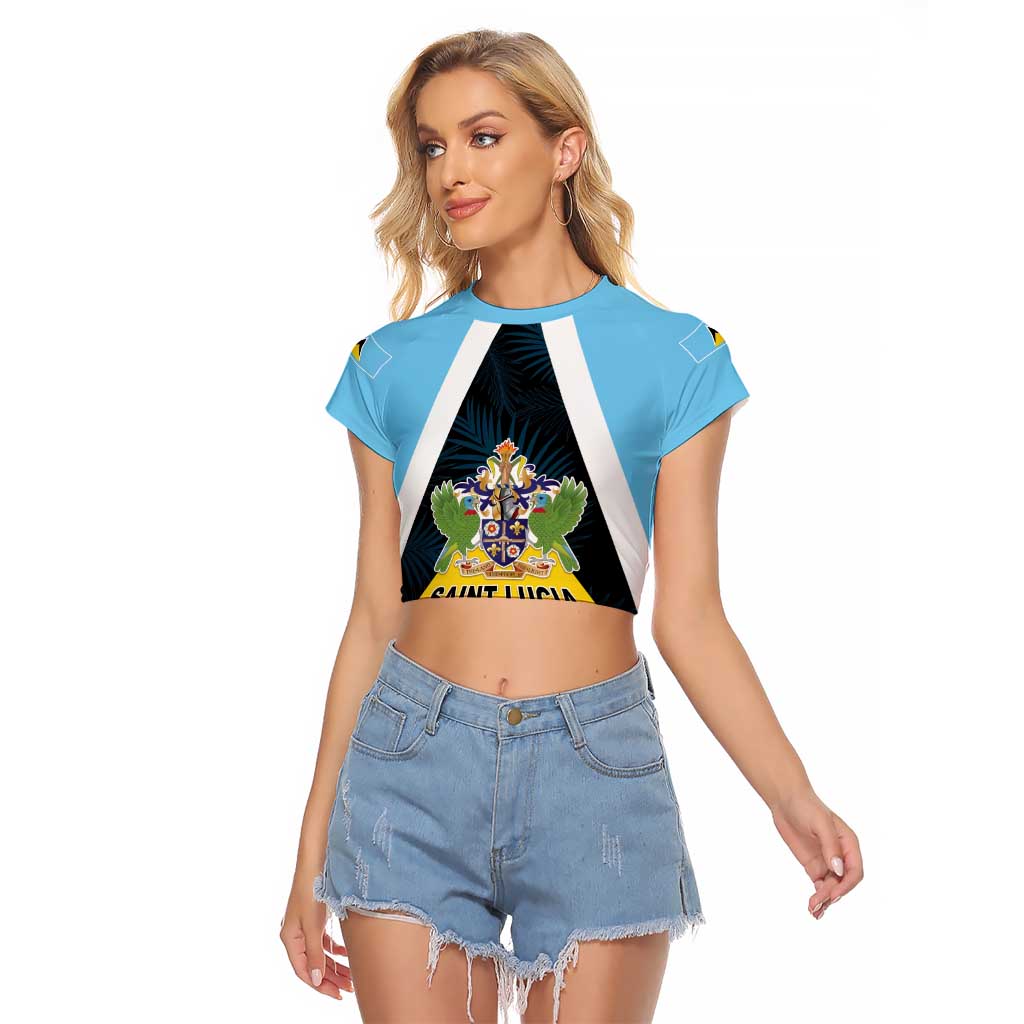 Personalised Saint Lucia Raglan Cropped T Shirt Coat Of Arm With Palm Leaf Pattern