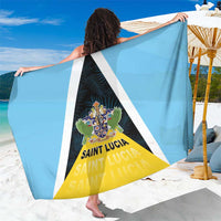 Blue Saint Lucia sarong with white diagonal stripes, yellow hem, coat-of-arms panel