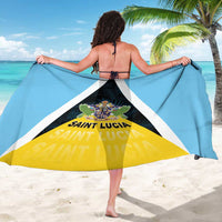 Blue Saint Lucia sarong with white diagonal band, yellow hem, coat-of-arms graphic