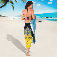 Blue sarong with white stripe, yellow corner, Saint Lucia crest and palm leaf design