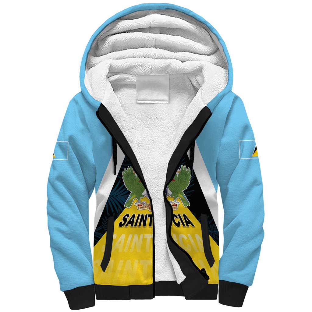 Personalised Saint Lucia Sherpa Hoodie Coat Of Arm With Palm Leaf Pattern