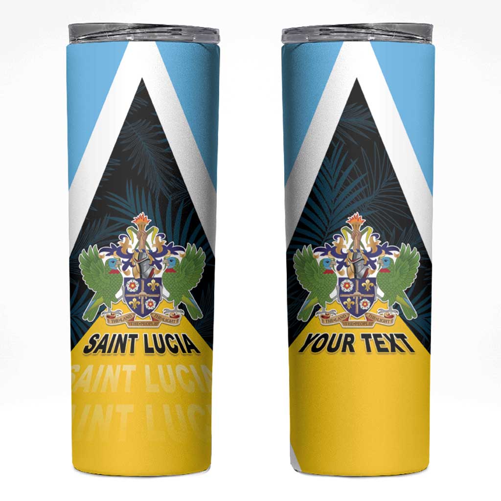 Personalised Saint Lucia Skinny Tumbler Coat Of Arm With Palm Leaf Pattern