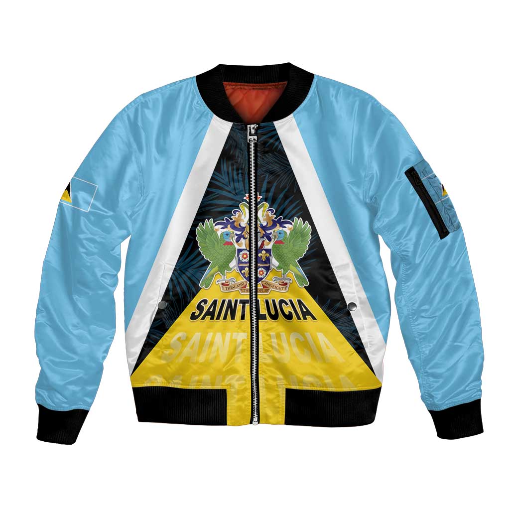 Personalised Saint Lucia Sleeve Zip Bomber Jacket Coat Of Arm With Palm Leaf Pattern