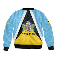 Blue zip-up bomber jacket with crest, palm leaves, and "YOUR TEXT" on yellow panel