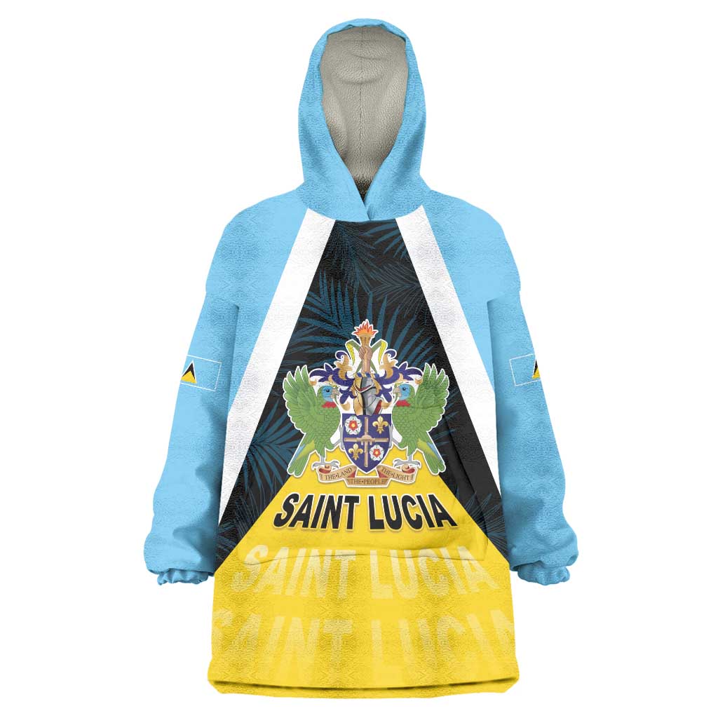 Personalised Saint Lucia Wearable Blanket Hoodie Coat Of Arm With Palm Leaf Pattern