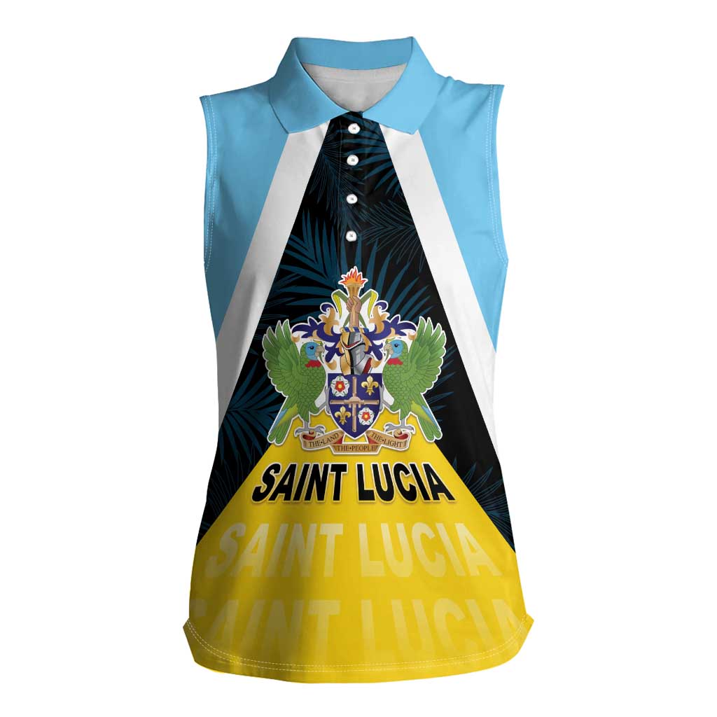 Personalised Saint Lucia Women Sleeveless Polo Shirt Coat Of Arm With Palm Leaf Pattern