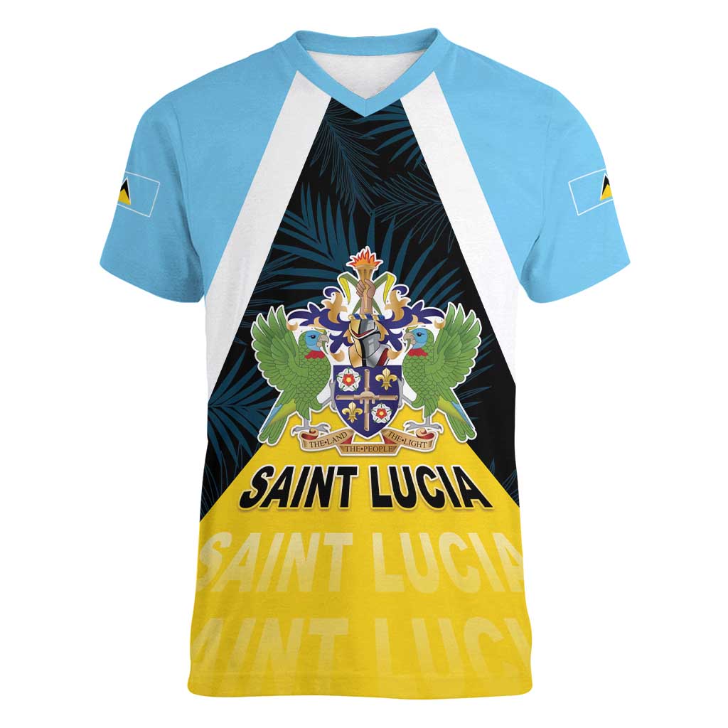 Personalised Saint Lucia Women V-Neck T-Shirt Coat Of Arm With Palm Leaf Pattern