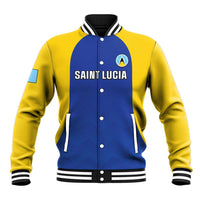 Yellow and navy baseball jacket with striped collar, snap buttons, 'SAINT LUCIA' front print