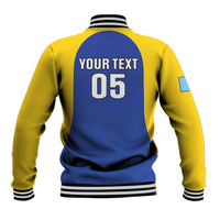 Yellow and navy baseball jacket, striped rib cuffs and back print 'YOUR TEXT 05'