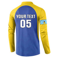 Back view: navy and yellow long-sleeve button sport sweatshirt, YOUR TEXT 05 print
