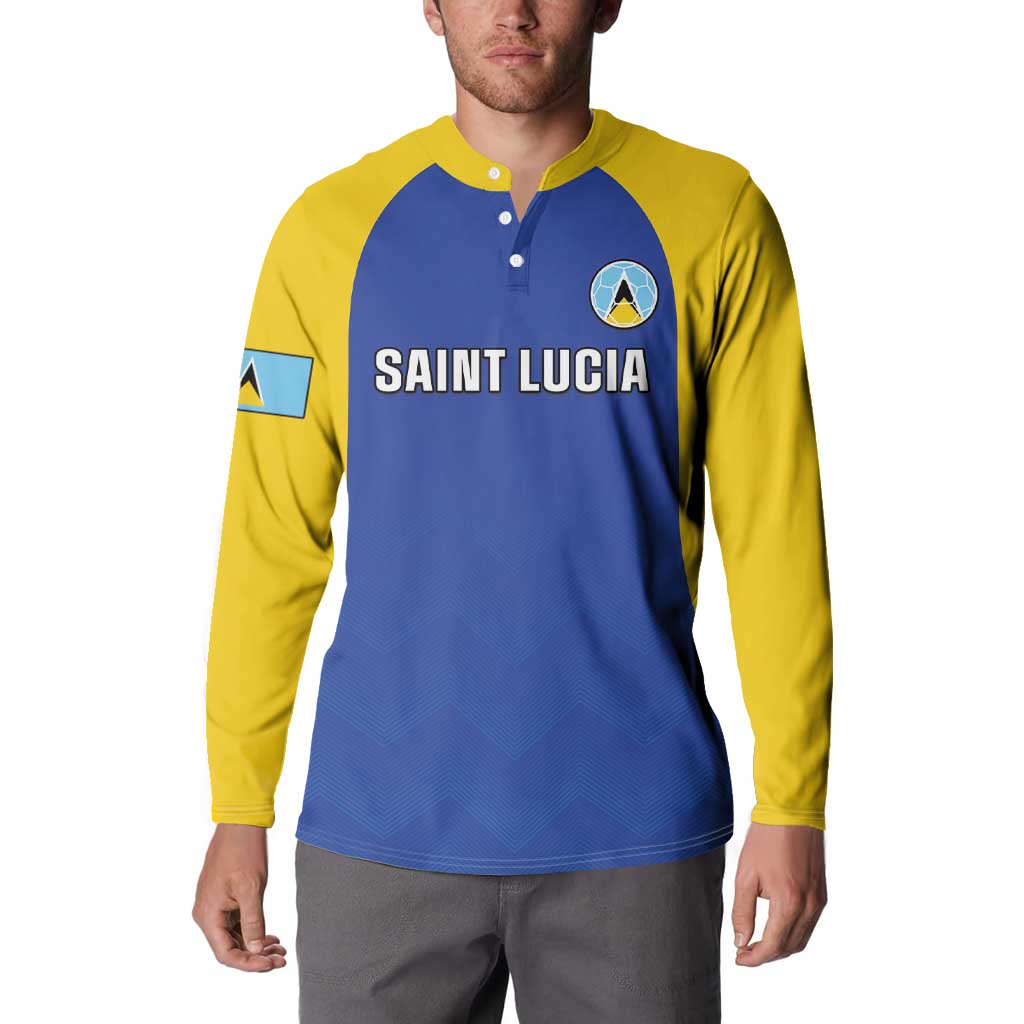 Navy and yellow long-sleeve button sport sweatshirt with Saint Lucia chest graphic